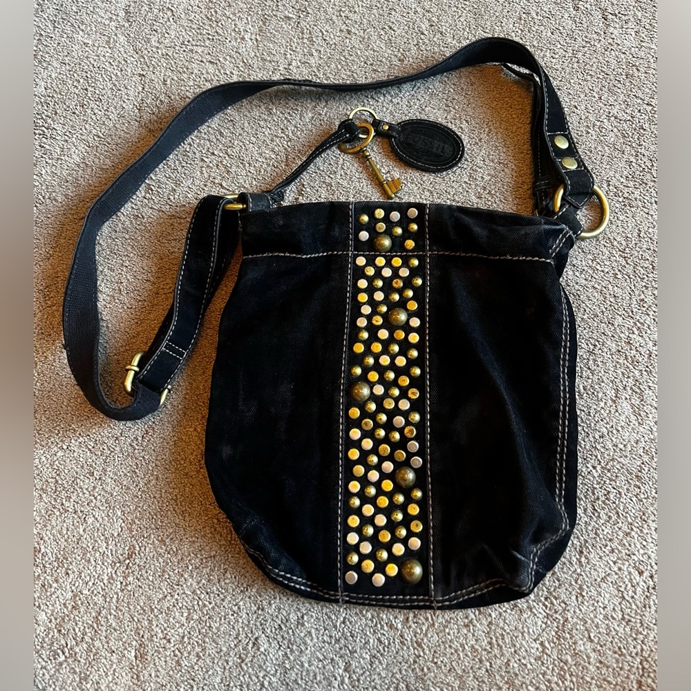 Vintage Fossil Studded Black Crossbody Boho Velvet Purse